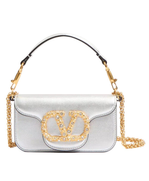 Valentino Garavani Loco Small Shoulder Bag In Laminated Calfskin With Jewel Logo